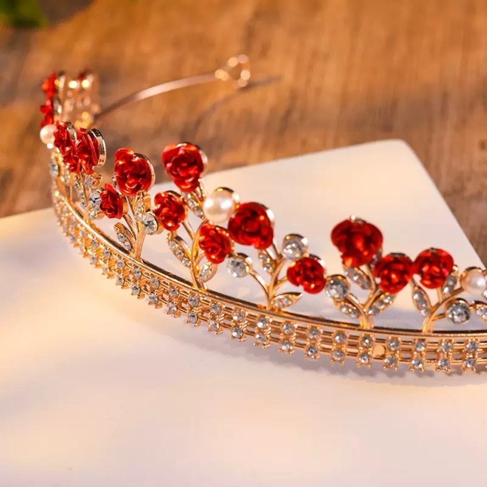 Vintage Gold Tiara Headband with Red Rose Accents